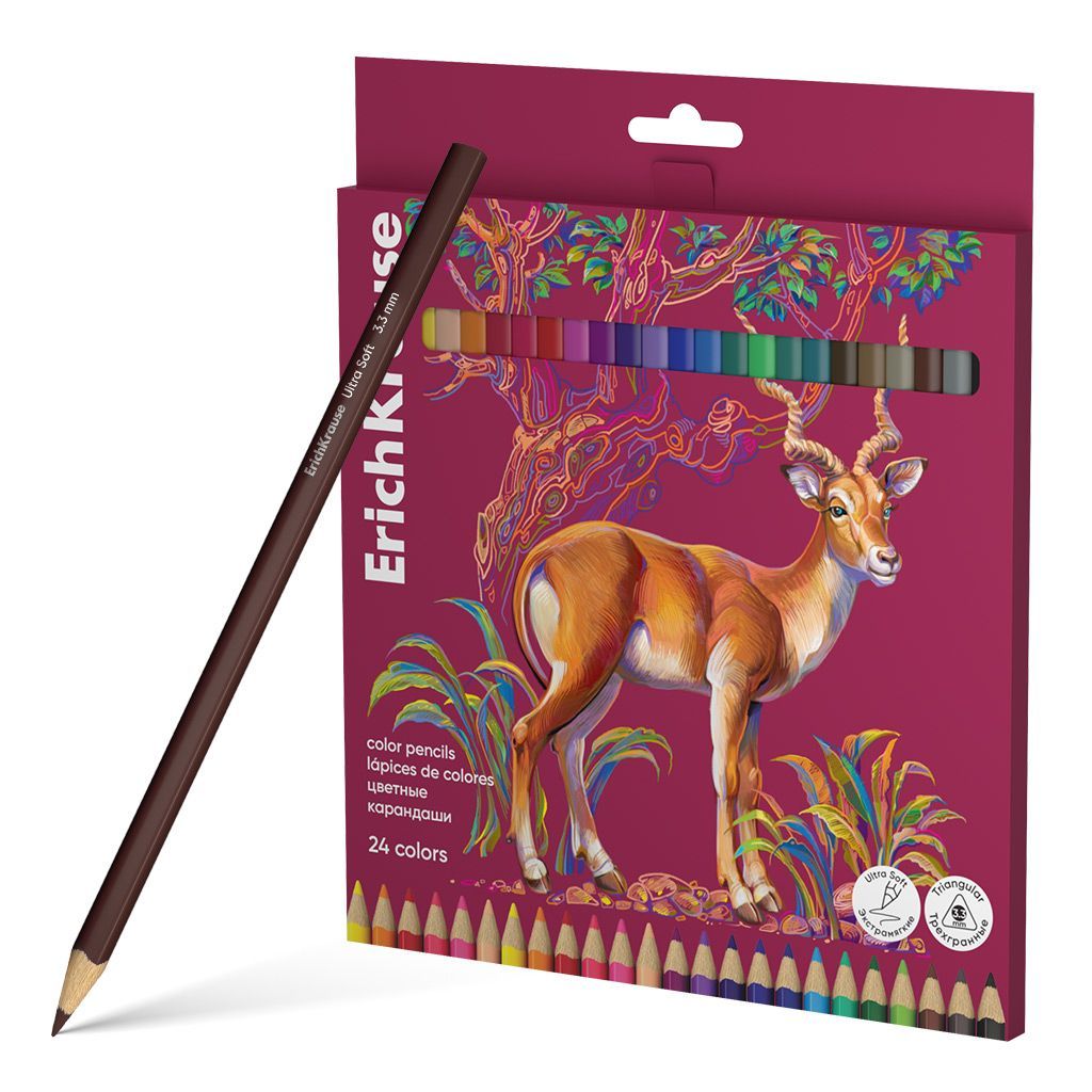 Цветные карандаши деревянные ErichKrause Safari трехгранные, грифель 3,3 мм, 24 цвета