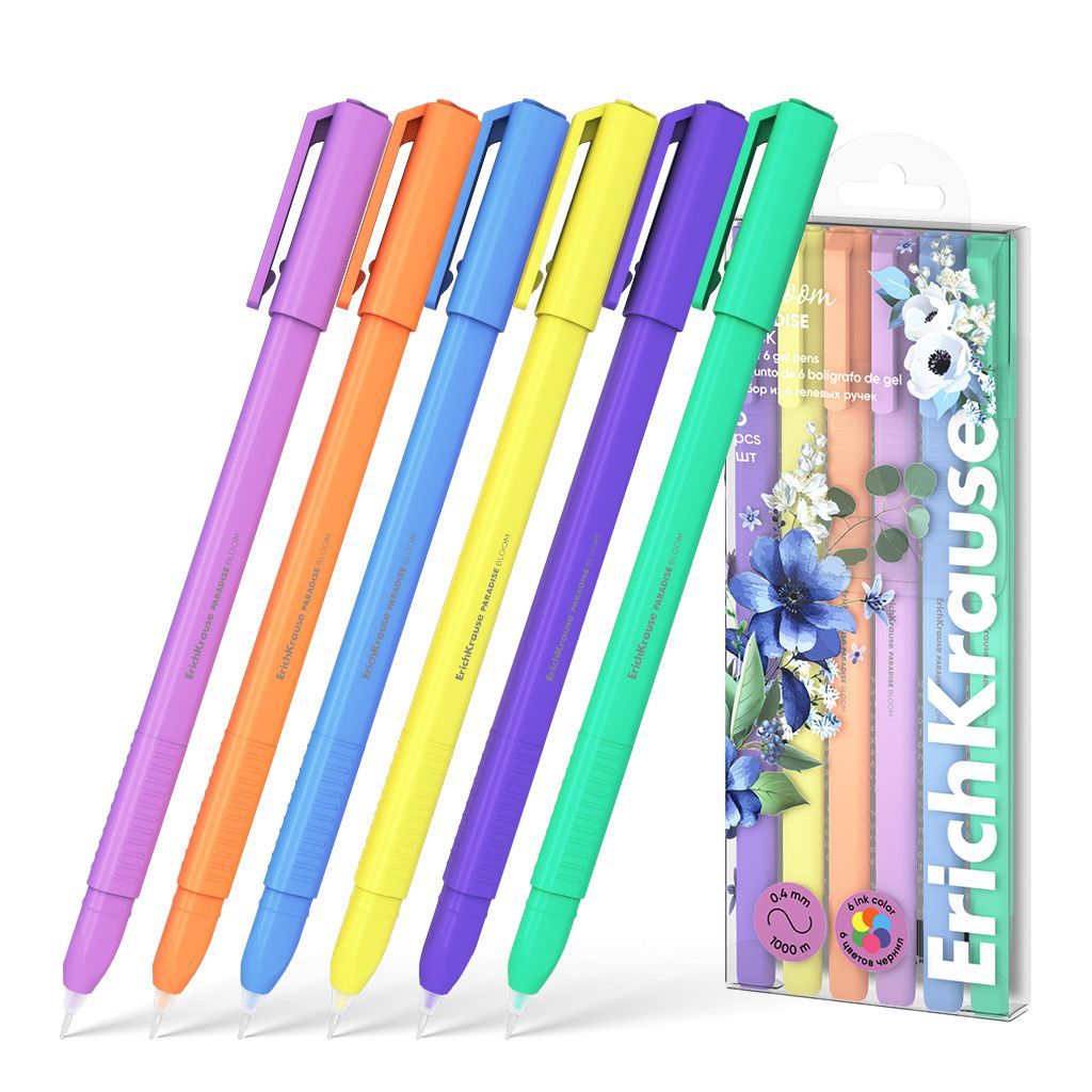 Набор из 6 ручек гелевых ErichKrause Paradise Stick Pastel Bloom 0.5, цвет чернил ассорти (в пэт-боксе)