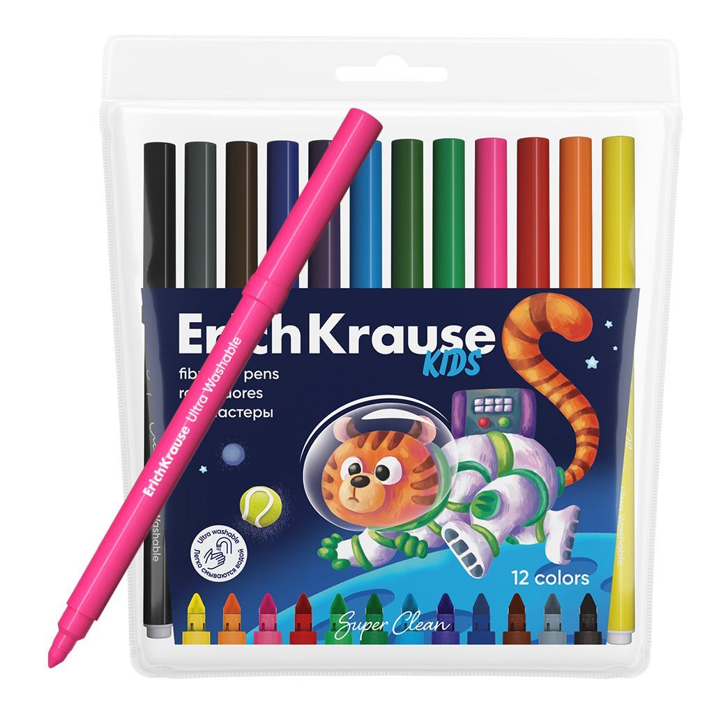 Фломастеры ErichKrause Kids Space Animals Super Tip Ultra Washable 12 цветов 