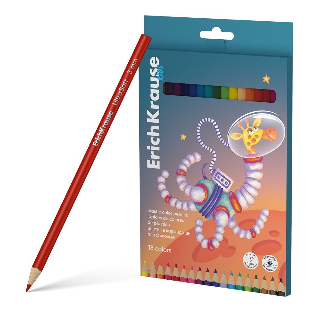 Цветные карандаши пластиковые ErichKrause Kids Space Animals трехгранные, грифель 3 мм, 18 цветов
