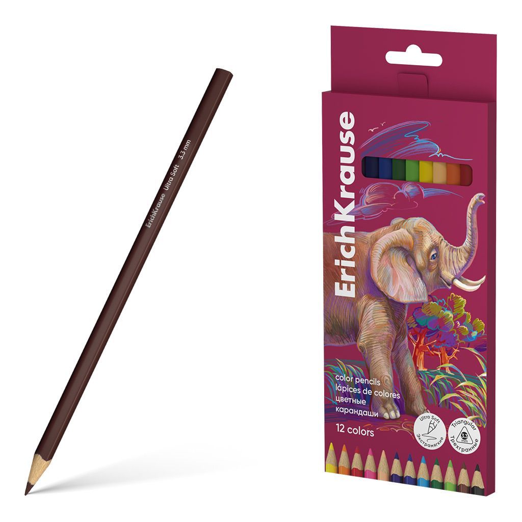 Цветные карандаши деревянные ErichKrause Safari трехгранные, грифель 3,3 мм, 12 цветов