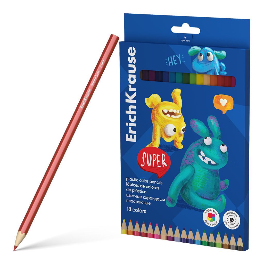 Цветные карандаши пластиковые ErichKrause Jolly Friends шестигранные, грифель 3 мм, 18 цветов