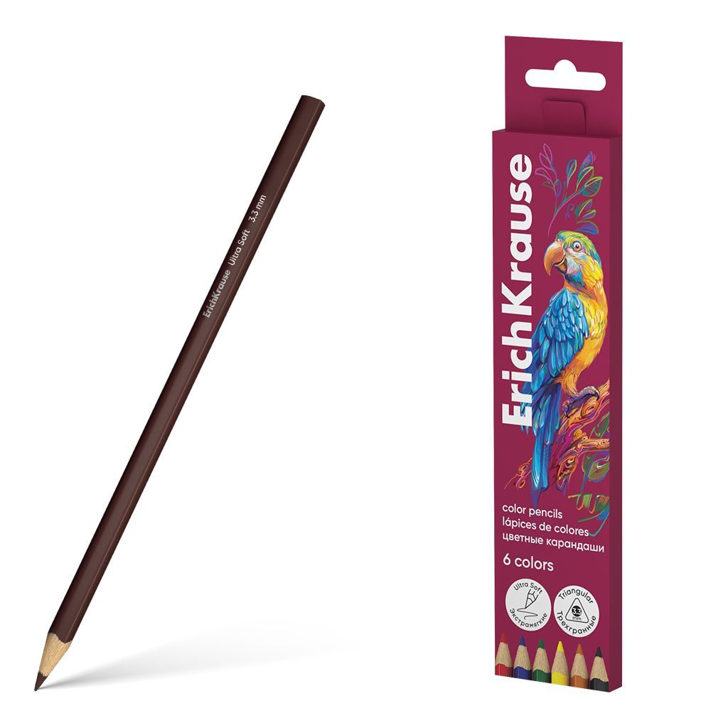 Цветные карандаши деревянные ErichKrause Safari трехгранные, грифель 3,3 мм, 6 цветов 