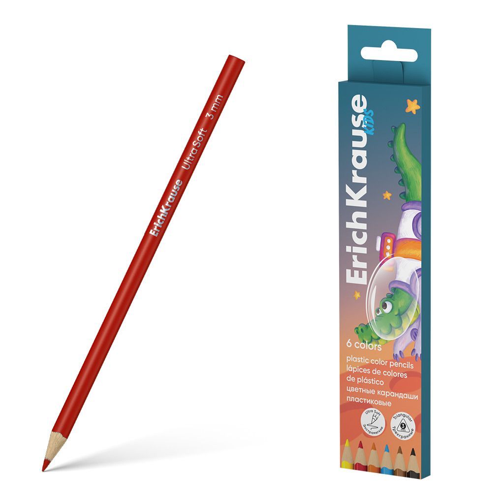 Цветные карандаши пластиковые ErichKrause Kids Space Animals трехгранные, грифель 3 мм, 6 цветов