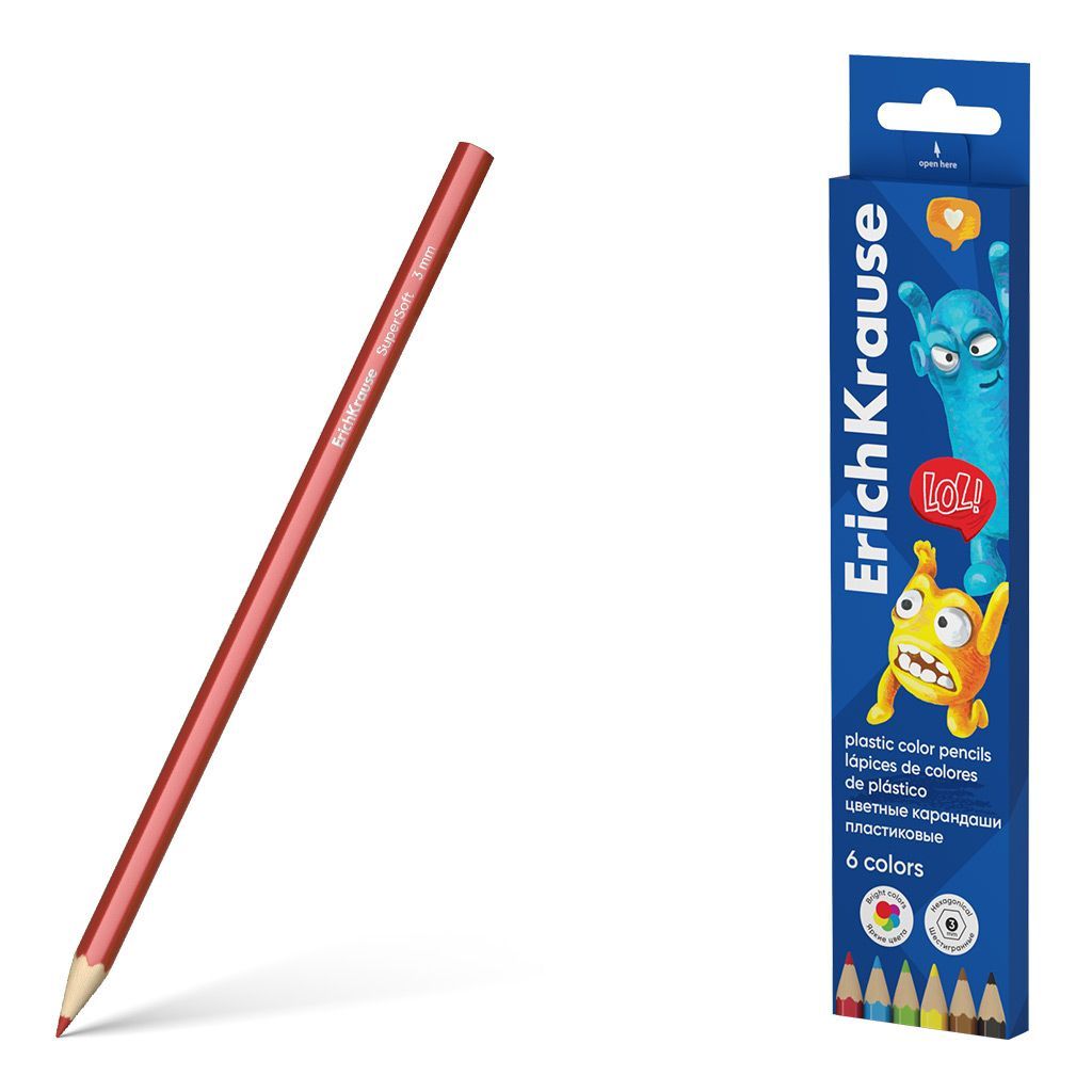 Цветные карандаши пластиковые ErichKrause Jolly Friends шестигранные, грифель 3 мм, 6 цветов 