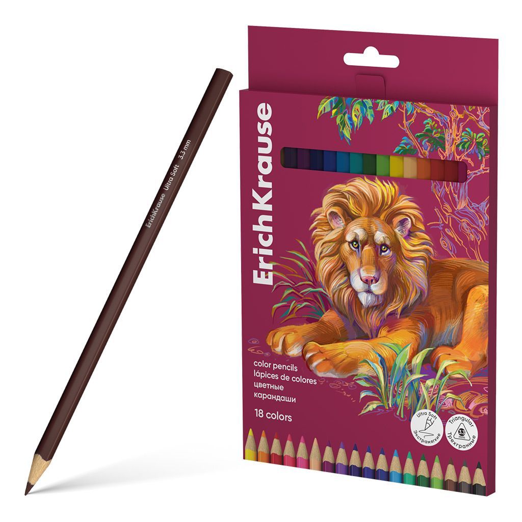 Цветные карандаши деревянные ErichKrause Safari трехгранные, грифель 3,3 мм, 18 цветов
