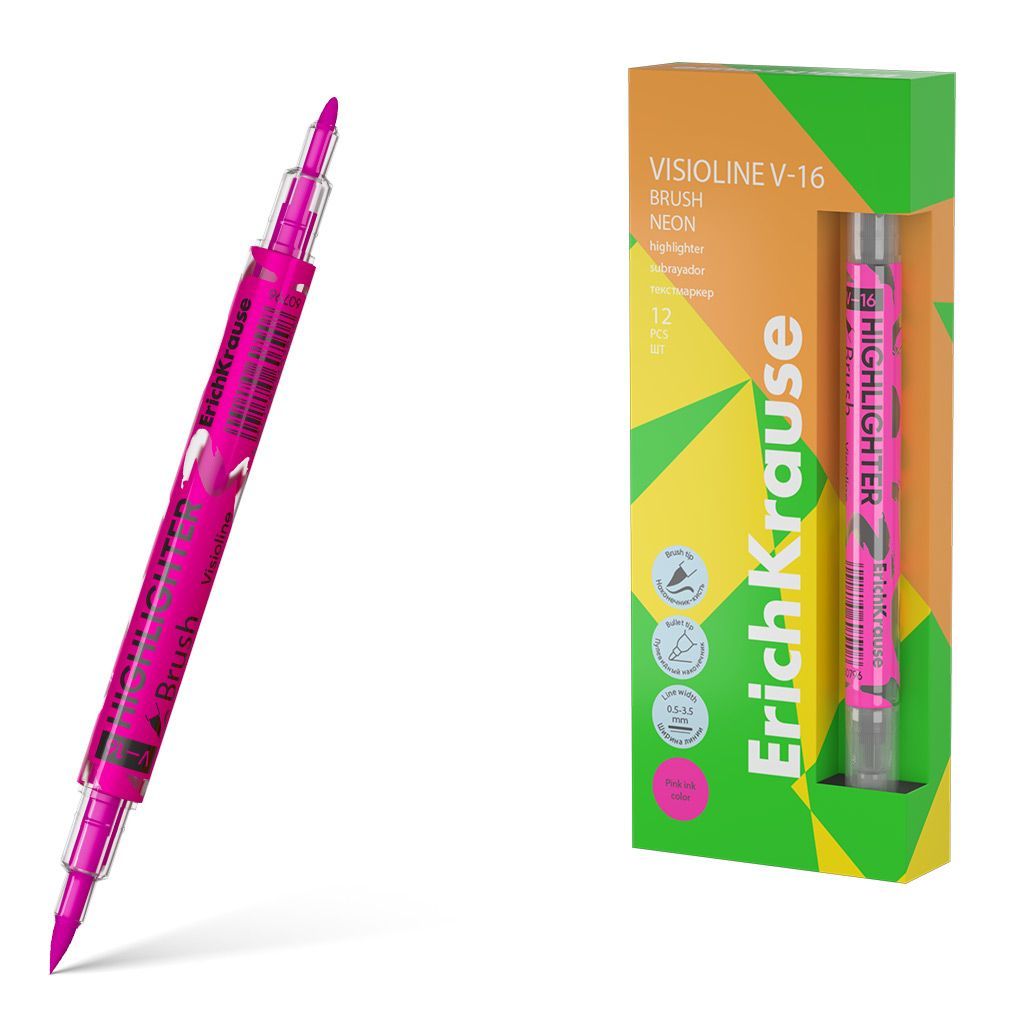 Двухсторонний текстмаркер ErichKrause  Visioline V-16 Brush Neon, цвет чернил розовый